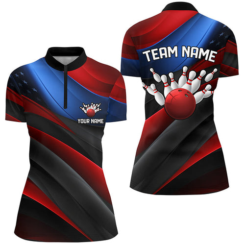 Custom American Flag Women'S Bowling Quarter Zip Shirts, Patriotic Team Bowling Shirts IPHW5247