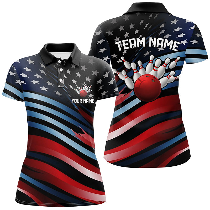 Custom American Flag Team Bowling Polo Shirts For Women, Patriotic Bowling Team Jerseys IPHW5248