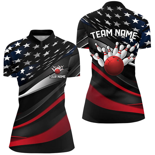 Custom American Flag Women'S Bowling Quarter Zip Shirts, Team Bowling League Shirts IPHW5249