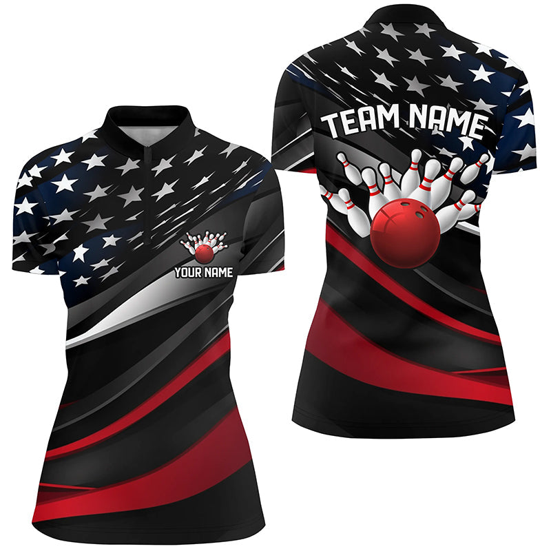 Custom American Flag Women'S Bowling Quarter Zip Shirts, Team Bowling League Shirts IPHW5249