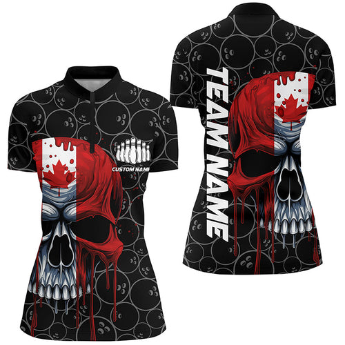Canadian Flag Skull Bowling Team Quarter Zip Shirts, Women'S Bowling League Shirt IPHW5260