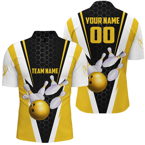 Custom Yellow Strike Bowling Quarter Zip Shirts For Men, Bowling Team Jerseys Name And Number IPHW5285
