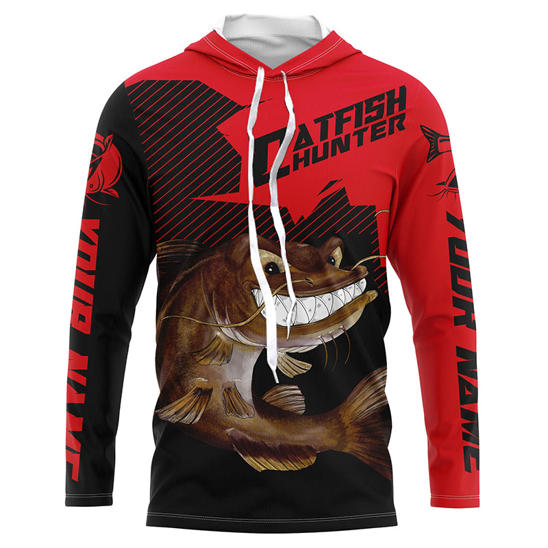 Angry Catfish Custom Long Sleeve Fishing Shirts, Catfish Hunter Fishing Jerseys | Black And Red IPHW4287
