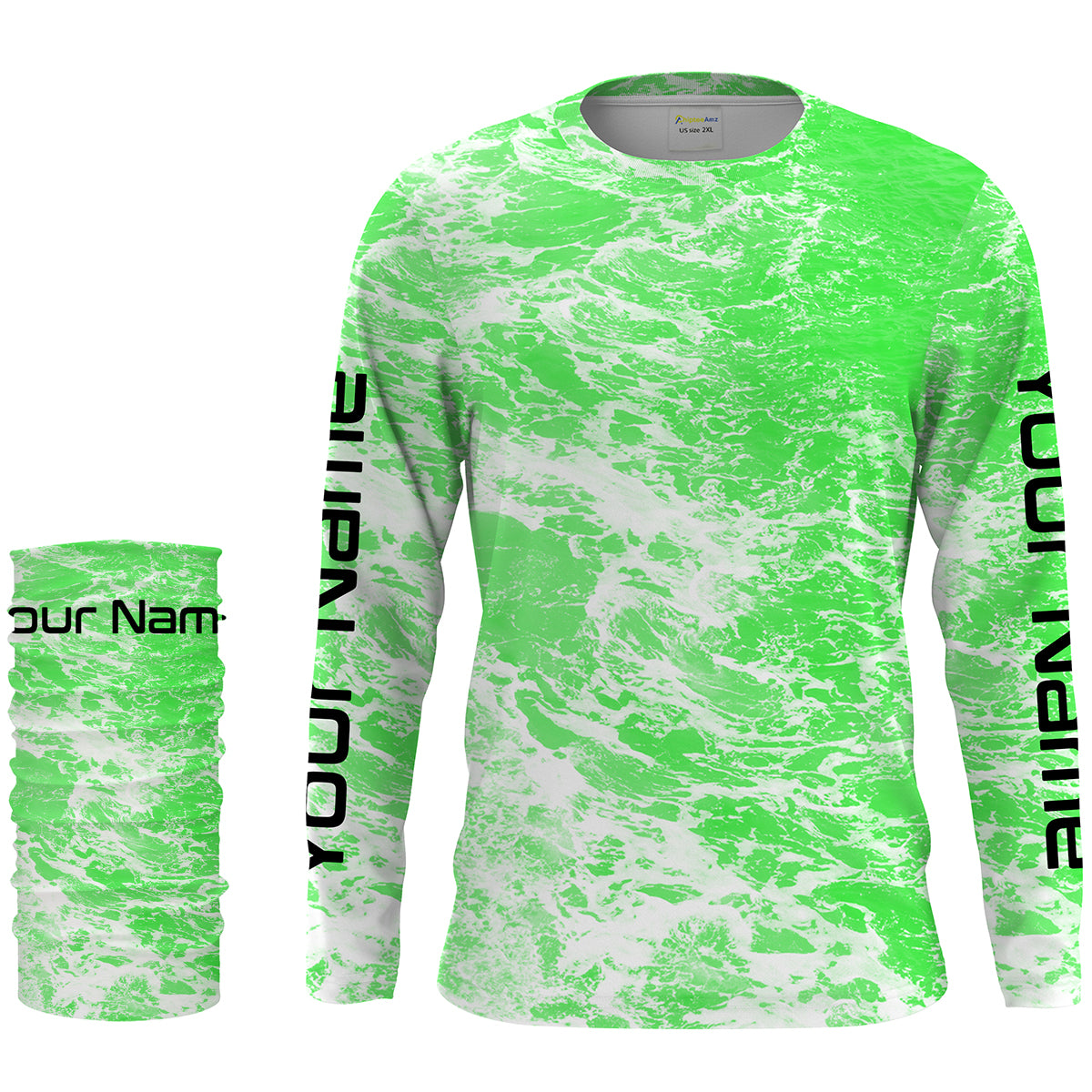 Custom Saltwater Long sleeve Fishing Shirts UV Protection, Sea wave camo Fishing Shirts | green - IPHW1502