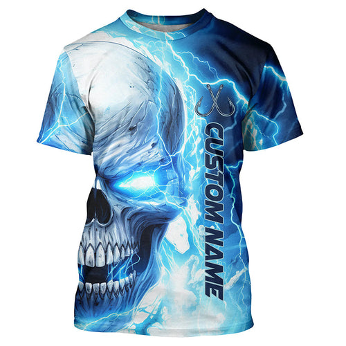 Blue Thunder Lightning Skull Custom Long Sleeve Fishing Shirts, Fish Hook Skull Fishing Jerseys IPHW5189