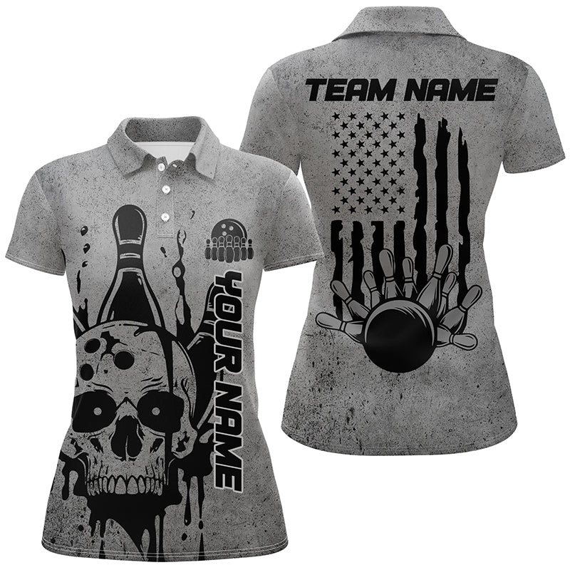 Custom American Flag Skull Bowling Shirts For Women, Patriotic Team Bowling Jerseys IPHW5845