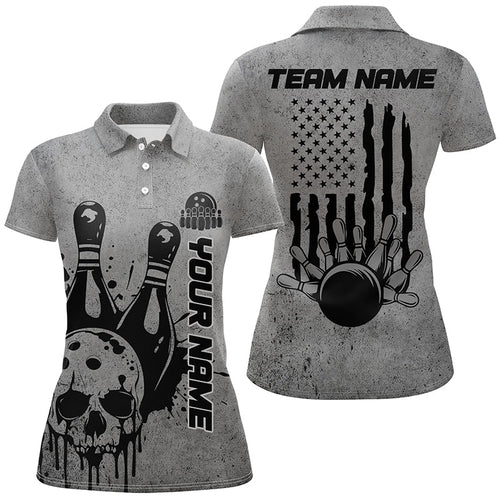 Custom American Flag Skull Bowling Shirts For Women, Patriotic Team Bowling Jerseys IPHW5846