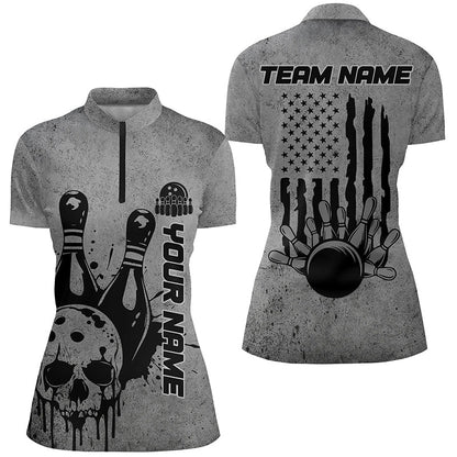 Custom American Flag Skull Bowling Shirts For Women, Patriotic Team Bowling Jerseys IPHW5846
