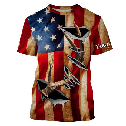 American Flag Deer Horn Hunting Shirts, Personalized Patriotic Hunting Gifts For Hunters - IPHW721