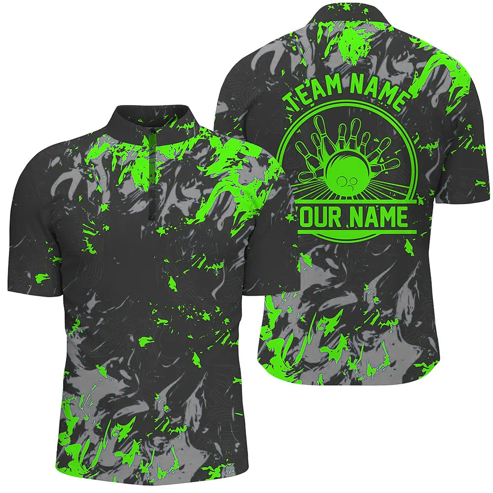 Personalized Bowling Quarter Zip Shirts Men, Bowling Balls And Pins Bowling Team Shirts | Green IPHW5398