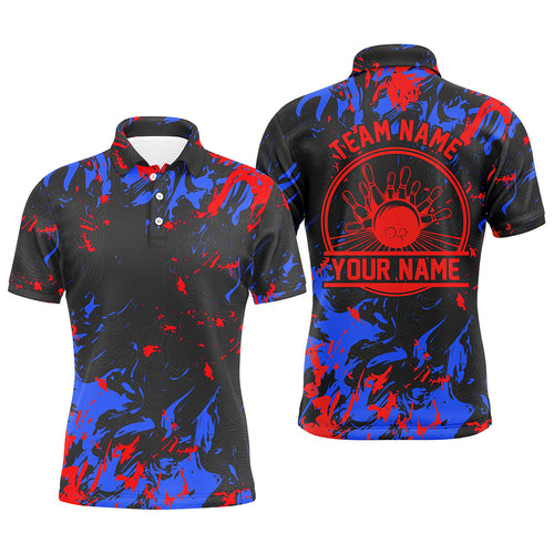 Personalized Bowling Polo Shirts Men Bowling Balls And Pins Bowling Team Shirts | Blue And Red IPHW5399