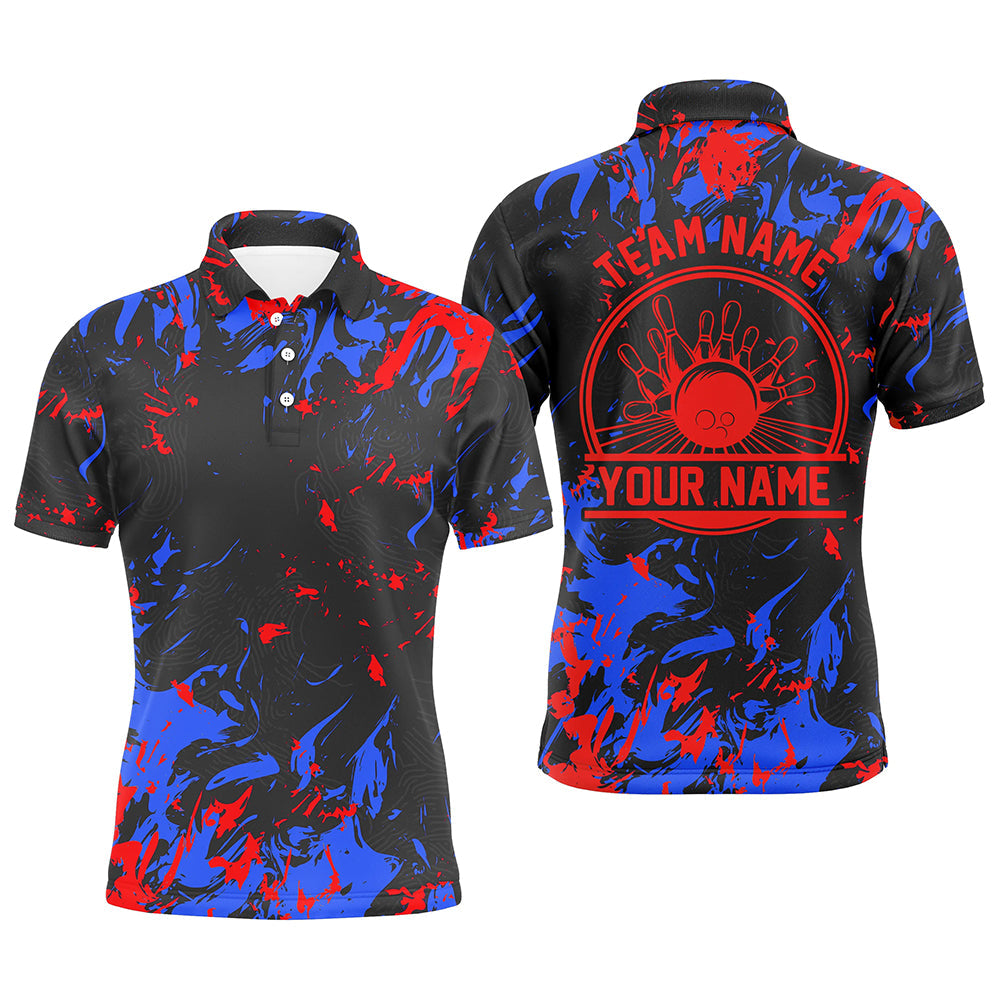 Personalized Bowling Polo Shirts Men Bowling Balls And Pins Bowling Team Shirts | Blue And Red IPHW5399