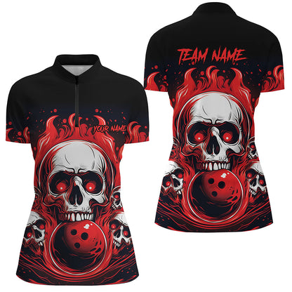 Custom Red Skull Bowling Team Shirts, Flame Bowling Jerseys Bowlers Shirts For Women IPHW5841