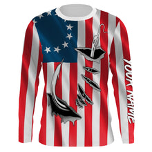 Load image into Gallery viewer, 3D Fish Hook Old American Flag Custom Fishing Shirts, Patriotic Long Sleeve Fishing Shirts IPHW4787