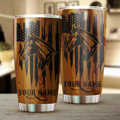 1PC Love Horse American Flag Custom name Stainless Steel Tumbler Cup - Personalized drinking mug for adults and kids - IPH2581