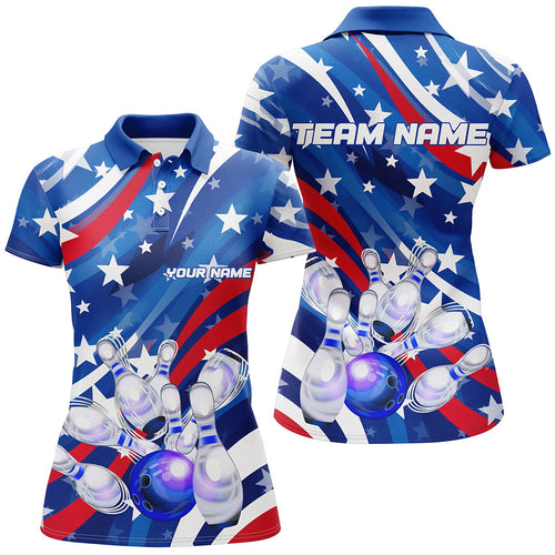 Custom American Flag Strike Bowling Polo Shirts For Women, Patriotic Bowling Team Jerseys IPHW5264