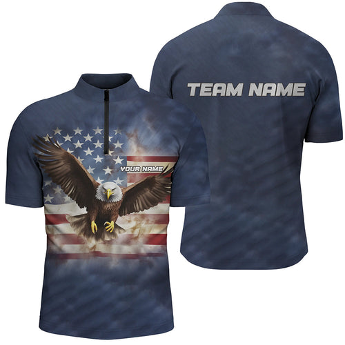 Eagle American Flag Custom Mens Bowling Quarter Zip Shirts, Patriotic Bowling Team Jerseys IPHW5286