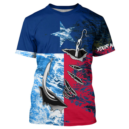 Texas Flag Fish Hook Custom Name Uv Long Sleeve Fishing Shirts With Ocean Waves Texture IPHW5067