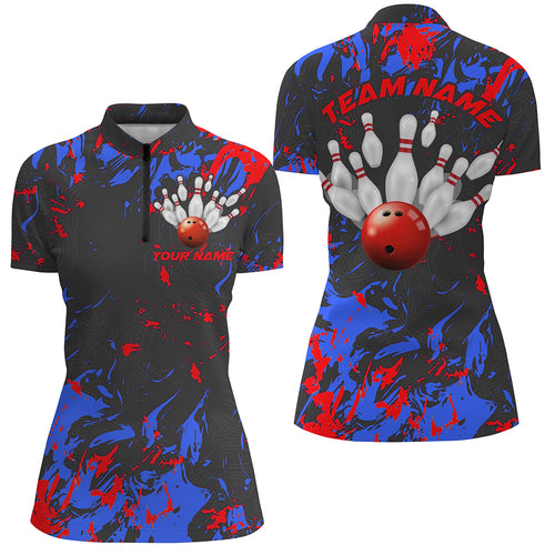 Blue And Red Camo Bowling Team Shirts Custom Women Quarter Zip Shirts Bowling League Shirts IPHW5363