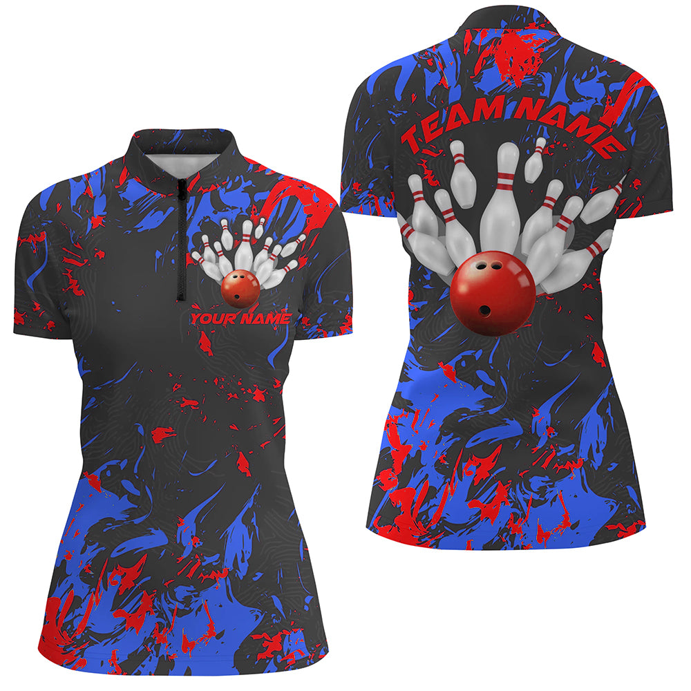 Blue And Red Camo Bowling Team Shirts Custom Women Quarter Zip Shirts Bowling League Shirts IPHW5363