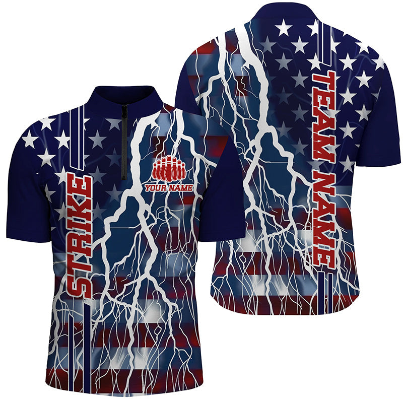 Custom American Flag Thunder Lightning Strike Bowling Team Shirts, Patriotic Unisex Bowling Jersey IPHW6021