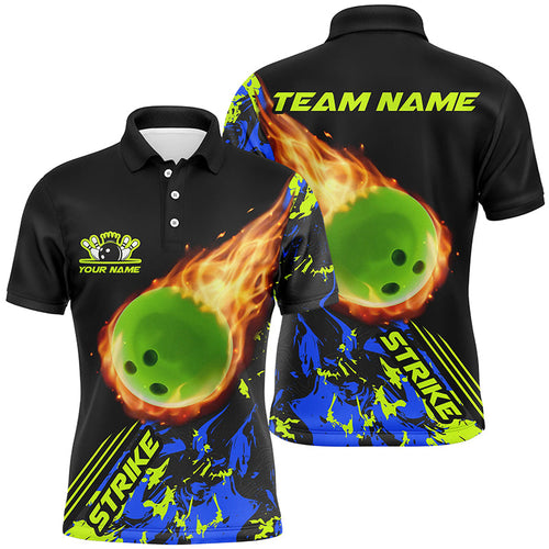 Personalized Men Bowling Polo Shirts Green Flame Bowling Ball Strike Bowling Team Jerseys IPHW5421