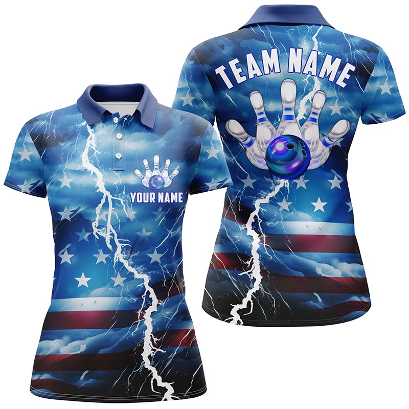 Custom Blue Thunder Bowling Polo Shirts For Women, Us Flag Bowling League Shirts IPHW5252