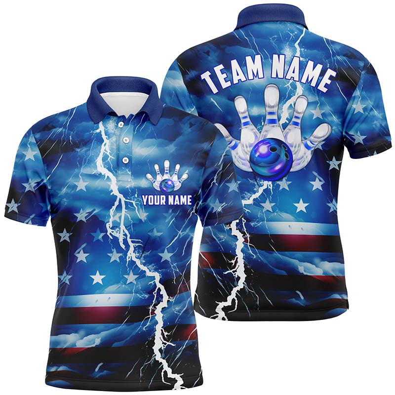 Custom Blue Thunder Bowling Polo Shirts For Men, Us Flag Patriotic Bowling League Shirts IPHW5252
