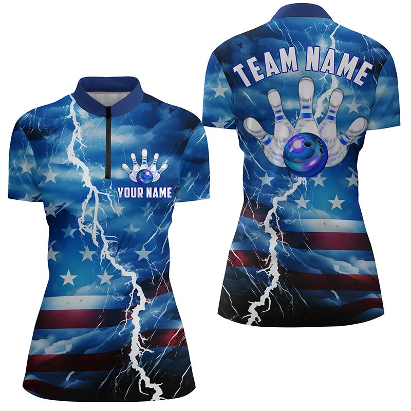 Custom Blue Thunder Bowling Women's Quarter Zip Shirts, Us Flag Bowling League Shirts IPHW5252