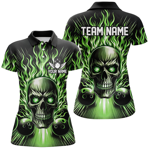 Personalized Skull Bowling Shirt For Women Custom Team'S Name Flame Bowler Jerseys | Green IPHW5819