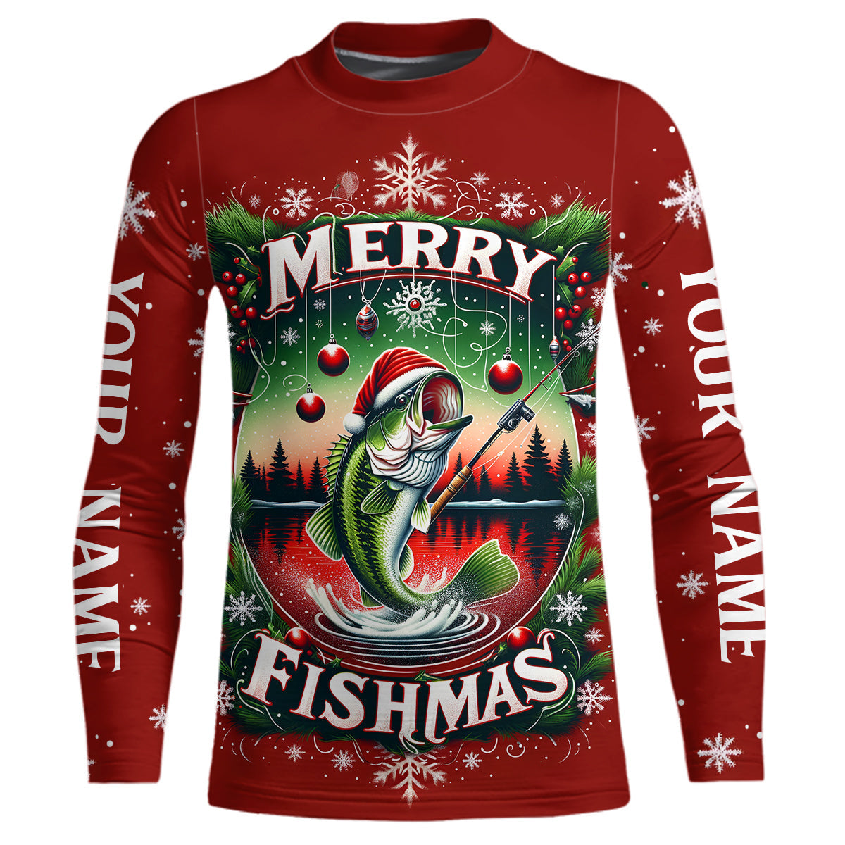 Merry Fishmas Custom Christmas Bass  Full Printing Fishing Shirts Fishing Gifts For Adult And Kid IPHW5553