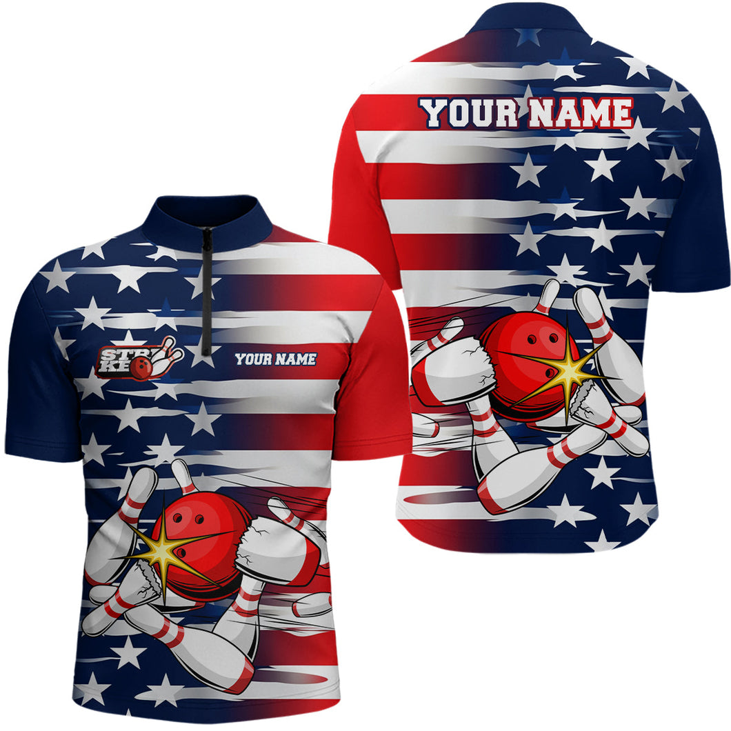 Personalized US Flag Strike Bowling Polo Team Shirts, Patriotic Mens Bowling Shirts IPHW5266