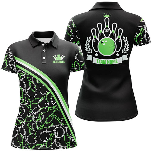 Personalized bowling polo shirts for women Custom black green bowling pattern, bowling team shirts NQS6532