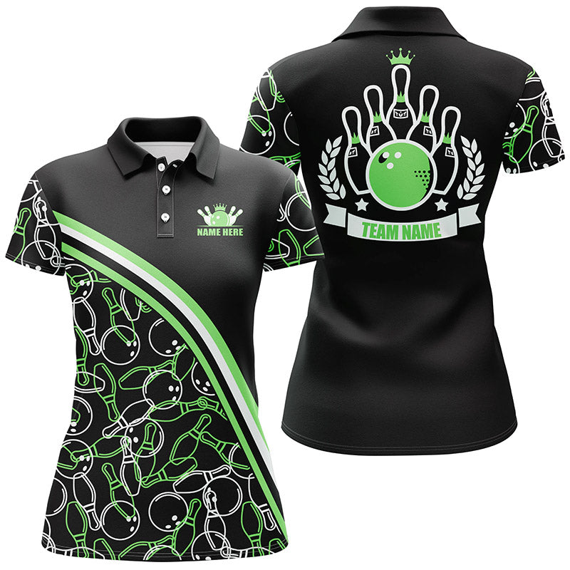 Personalized bowling polo shirts for women Custom black green bowling pattern, bowling team shirts NQS6532