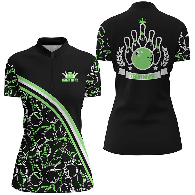 Personalized bowling Quarter Zip shirts for women Custom name black green bowling pattern team shirts NQS6532