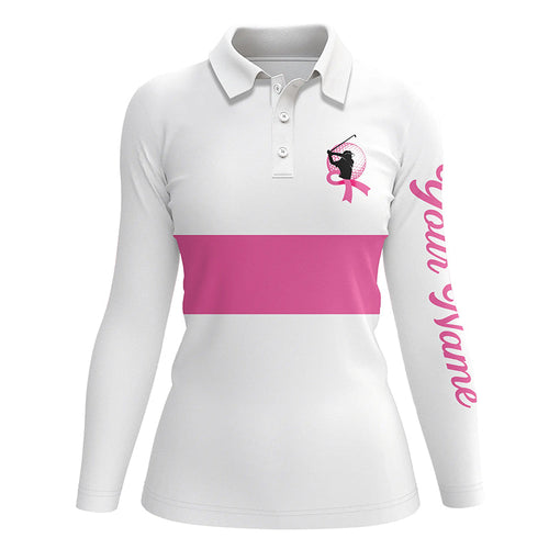 White and pink Breast Cancer Awareness custom Women golf polo shirt, pink ribbon golf shirts NQS6321