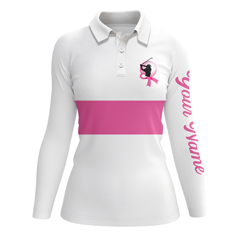 White and pink Breast Cancer Awareness custom Women golf polo shirt, pink ribbon golf shirts NQS6321