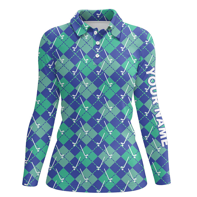 Green Blue argyle plaid pattern golf clubs custom Women golf polo shirt, ladies golf tops NQS6849