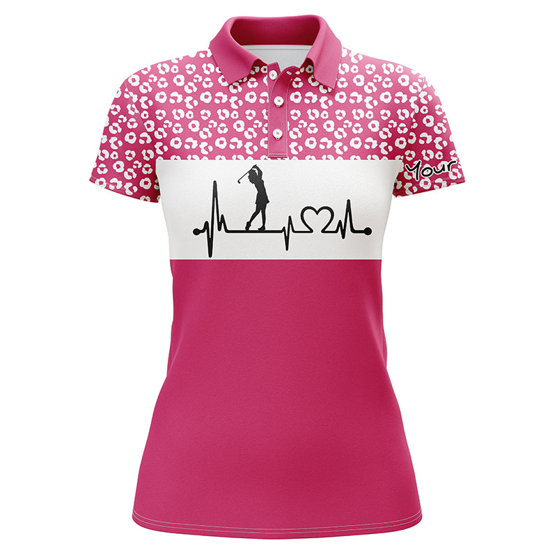 Womens golf polo shirt golf heartbeat custom name leopard pattern golf shirt, womens golf gift ideas NQS4959