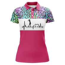 Load image into Gallery viewer, Womens golf polo shirt custom name rainbow gradient leopard golf heartbeat, golfing gifts for women NQS4961