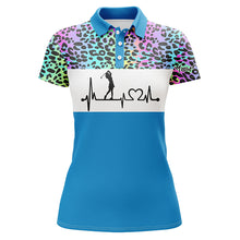 Load image into Gallery viewer, Womens golf polo shirt custom name rainbow gradient leopard golf heartbeat, golfing gifts for women NQS4961