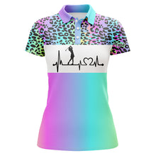 Load image into Gallery viewer, Womens golf polo shirt custom name rainbow gradient leopard golf heartbeat, golfing gifts for women NQS4961
