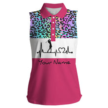 Load image into Gallery viewer, Women&#39;s sleeveless golf polo shirt custom rainbow gradient leopard golf heartbeat, golfing gifts NQS4961