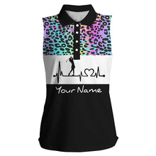 Load image into Gallery viewer, Women&#39;s sleeveless golf polo shirt custom rainbow gradient leopard golf heartbeat, golfing gifts NQS4961