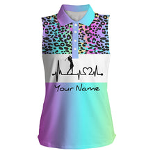 Load image into Gallery viewer, Women&#39;s sleeveless golf polo shirt custom rainbow gradient leopard golf heartbeat, golfing gifts NQS4961