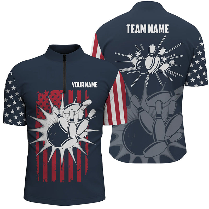 Custom Bowling Quarter Zip Shirt For Men USA Flag Bowling Jersey 1/4 Zip Bowling Team Shirt NQS6437
