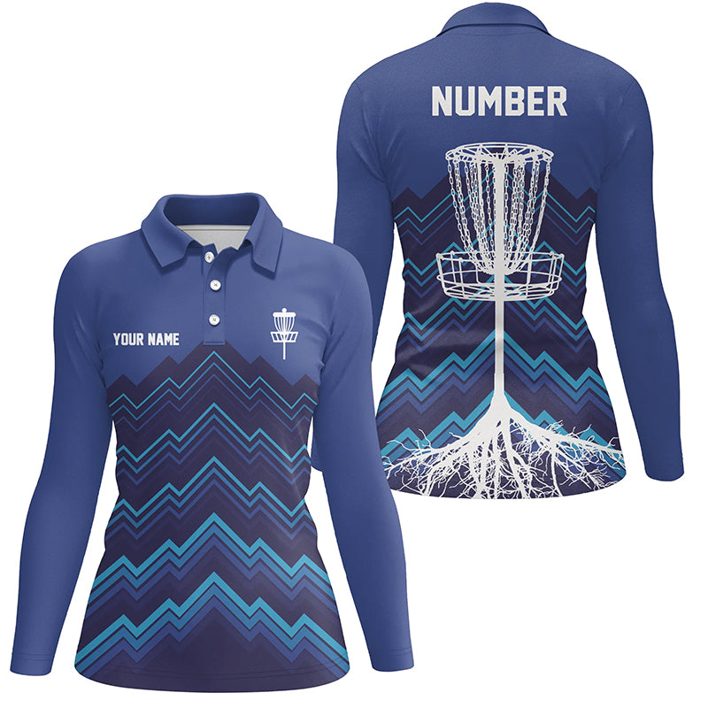 Womens Disc golf polo shirt custom blue pattern Disc Golf Basket Tree jerseys, disc golf shirt NQS6684