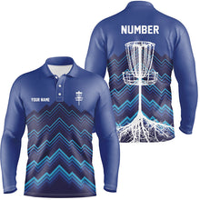 Load image into Gallery viewer, Mens Disc golf polo shirts custom blue pattern Disc Golf Basket Tree jerseys, disc golf shirt NQS6684