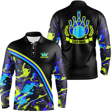 Load image into Gallery viewer, Mens Bowling polo shirts Custom green and blue bowling camo pattern black bowling Team league Jerseys NQS7333