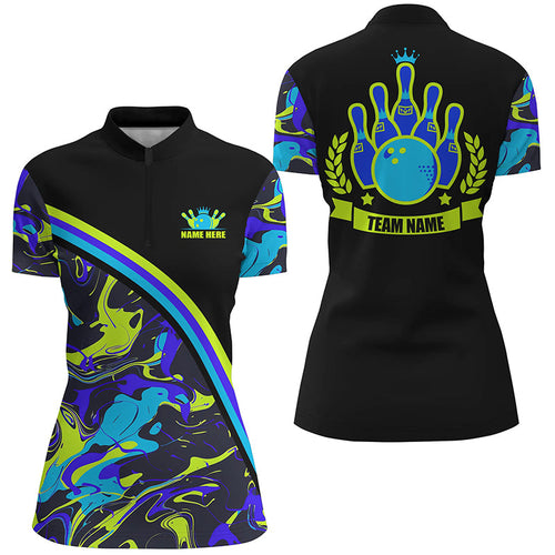 Womens Quarter Zip shirts Custom green and blue bowling camo pattern black Team league Jerseys NQS7333